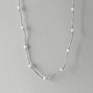 Vintage Freshwater Pearl Sterling Silver Necklace Curve Bar Link Station 16”